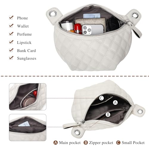 Women's Quilted Crossbody Waist Pack, PU Leather Fanny Pack Sling Bag with Adjustable Belt, Small Shoulder Purse for Travel, Daily Use (Off-white) - color: D-off White