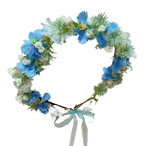 Boho Floral Crown for Women– Adjustable Faux Silk Flower Headband, Handmade Wedding Hair Accessory for Festivals & Photoshoots, Flower Hair Crown for Women (Blue White Flower Leaf, Adjustable) - color: Blue White Flower Leaf