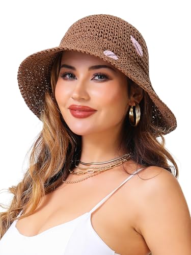 LA CARRIE Womens Sun Hat Floppy Packable Wide Brim UV Protection UPF 50+ Straw Hat with Embroidery for Summer Beach - color: Coffee