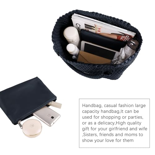 Handmade Woven Bag Satchel Handbag For Women Vegan Leather Tote Bag With Purses Travel Shoulder Bag Underarm Bag - color: Navy Blue