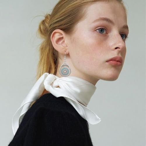 Handmade Teardrop Turquoise Earrings Necklace Set for Women Bohemia Tribal Antique Ethnic Style Earring Delicate Teardrop Gemstone Dangle Drop Statement Earrings Western Jewelry - color: Silver