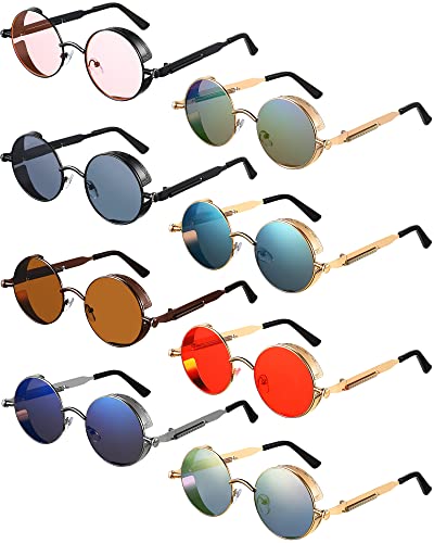 Coume 8 Pcs Retro Round Steampunk Sunglasses Gothic Sunglasses Hippy Glasses Circle Metal Frame Glasses for Men Women - color: Fresh Colors