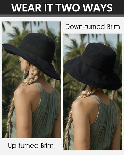 Senker Fashion Sun Hats for Women UV Protection, Waterproof Ponytail Wide Brim Bucket Hat for Summer Beach Gardening Travel - color: Black