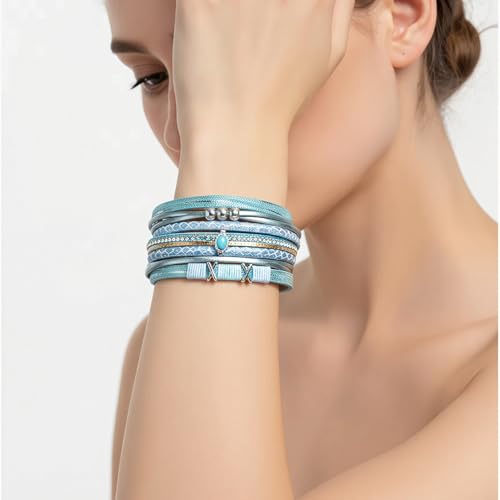 Edoneery Leather Wrap Bracelet for Women, Boho Handmade Multi-Layer Cuff with Crystal Beads Heart, Stackable Bangle Western Jewelry Gift - style: Turquoise(Blue)
