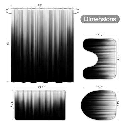 Litabel 4 Pcs Grey and Black Gradient Shower Curtain Set with Rugs and Toilet Lid Cover, Modern Simple Waterproof Fabric Bathroom Set, Ombre Stripe Gothic Abstract Bathroom Decor Set Accessories - color: Grey