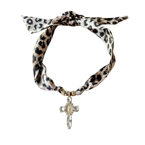 Scarf Necklace for Women Choker Necklace Cross Pendant Trendy Vintage Handmade Charm Jewelry Gift Leopard Silk Bandana Western Bohemian - color: Leopard
