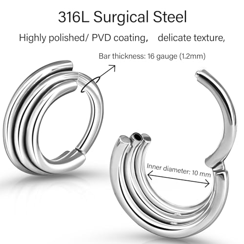 16g 18g Surgical Steel Cartilage Hoops with Chains Designs 6mm 8mm 10mm 12mm Gold Hinged Nose Ring Hoop Segment Ring Clicker Septum Ring Daith Helix Conch Rook Piercing Jewelry - style: Silver 16G 10mm Triple Stacked