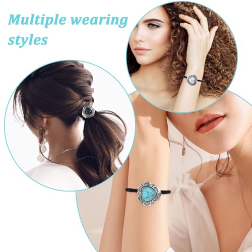 Ouligay 3 Pcs Western Ponytail Holders,Metal Boho Hair Ties with Turquoise,Boho Hair Ties Bracelet Hair Ties No Damage,Vintage Heart Hair Ropes,Silver Hair Bands,Hair Accessories for Women Girl