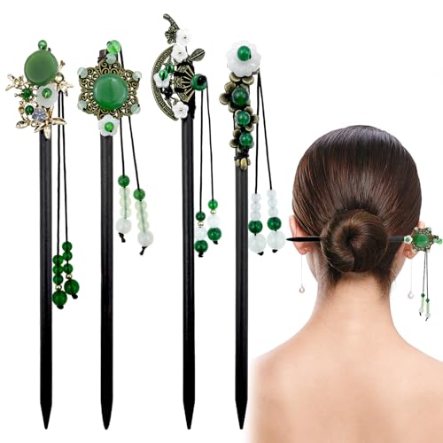 4 Pack Chinese Hair Stick for Buns Chinese Green Beads Flowers Hair Chopsticks Elegant Vintage Tassel Hair Stick Classical Styling Accessories for Women and Girls (4 Styles) - color: Green