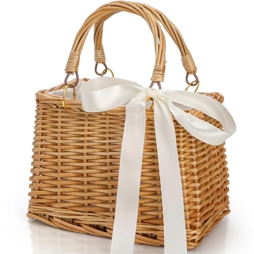 Pumtus Handwoven Rattan Handbag, Wicker Rectangle Basket Purse with White Ribbon, Summer Beach Top Handle Clutch, Boho Style Woven Purse, Rustic Flower Basket for Women, Travel, Vacation, Wedding