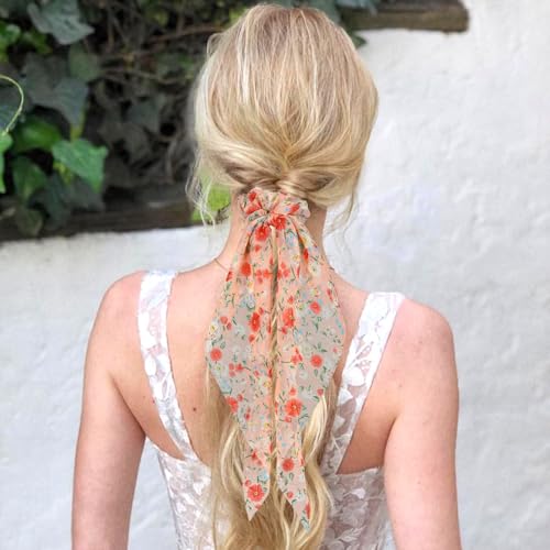 Boho Hair Scarf Scrunchies for Women Bow Hair Ties Floral Hair Scrunchies Silk Elastic Ponytail Holder Hair Accessories for Girls 4 pcs (Flower-3) - color: Flower-3