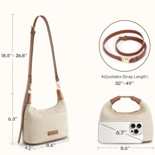 Straw Crossbody Bag for Women, Summer Raffia Handbag Top Handle Woven Tote Purse Vacation Handmade Bucket Clutch Bag - color: Beige Brown