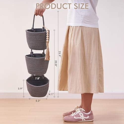 Fabric Wall Hanging Organizers - Small Woven Baskets Pouches Set Boho Style Wall Mounted Bag with Adhesive Hook, Storage Decoration Pocket Caddy for Closet Playroom RV Nursery (Gray & Black) - color: Gray & Black