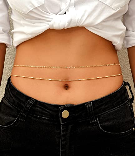 Honsny 2PCS 25-43Inch 18K Gold Plated Waist Chain Minimalist Pearl Belly Body Chain Gold Layered Sexy Bikini Body Chains Waist Jewelry for Women - color: D:Sequin & Beads, size: S(25-31INCH)