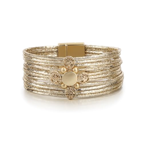 Edoneery Leather Wrap Bracelet for Women, Boho Handmade Multi-Layer Cuff with Crystal Beads Heart, Stackable Bangle Western Jewelry Gift - style: Circle(Gold)