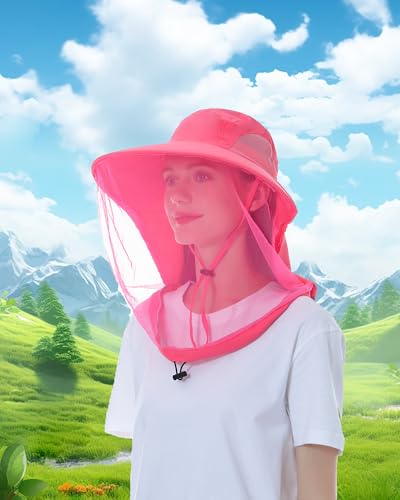 Womens Sun Hat Outdoor UV Protection Wide Brim Fishing Hat with Ponytail Hole Neck Flap for Beach Hiking Camping - color: Mosquito Net-watermelon Red