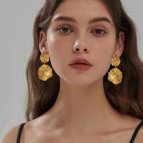 Gold Statement Earrings For Women 18K Gold Plated Sectored Flower Leaf Shell Angel Wing Earring Large Stud Earrings Hypoallergenic Stud - color: Leaf Dangle Earrings