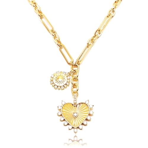 ORIGENCE Sun Heart Necklace for Women 18K Gold Plated Heart Pendant Necklace Chunky Chain Choker Necklaces Hip Hop Charm Necklaces Trendy Unisex Jewelry - style: ZCharm-Gold