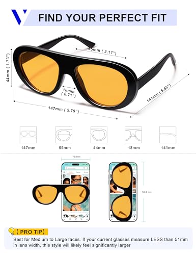 VANLINKER Oversized Retro Aviator Sunglasses for Women Men Chic 70s Vintage Style Trendy 2026 Chunky Sun Glasses VL9865 - color: C2 Black Frame/Orange Lenses