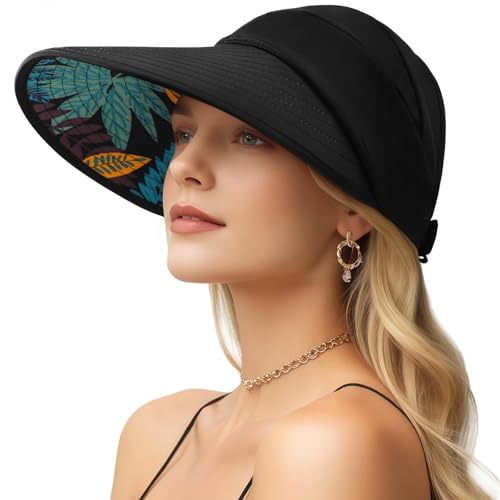 Sun Hats for Women, Wide Brim Beach Hats UV Protection, Packable Visor Ponytail Sunhat for Summer - color: Black