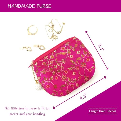 Handmade Women Coin Purse Rosary Pouch Silk Jewelry Bag Brocade Zipper Wallet - Magenta - color: Magenta