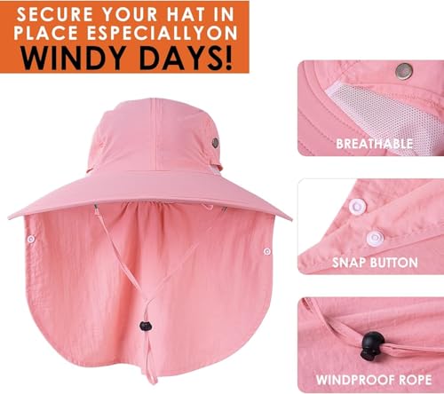 Mens Women Fishing Hat UPF 50+ Wide Brim Sun Hat with Face Cover & Neck Flap - color: Pink