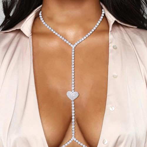 14K Gold Plated Sexy Body Chains for Women, Layered Rhinestone Crossover Bikini Bra Body Jewelry, Summer Beach Crystal Belly Waist Chain - style: Heart1