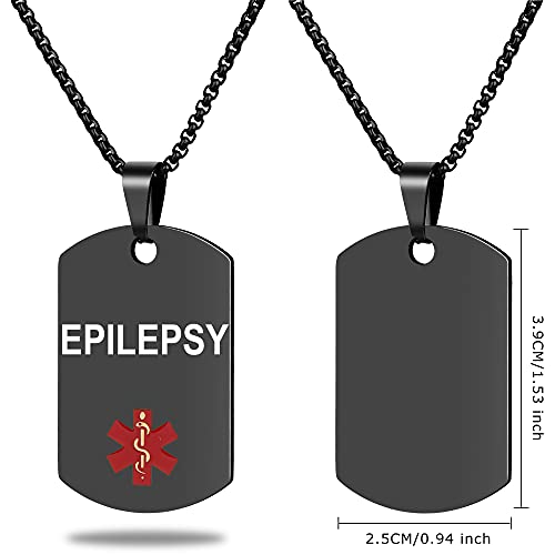 Medical Alert ID Necklace, Laser Engraved EPILEPSY, Stainless Steel Tag Pendant with 23.6 inch Chain for Men Women Emergency First Aid - color: Black, size: EPILEPSY