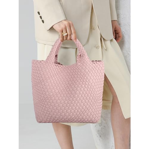 Handmade Woven Bag Satchel Handbag For Women Vegan Leather Tote Bag With Purses Travel Shoulder Bag Underarm Bag - color: Pink-a