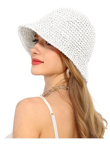 Rulala Fancy Womens Sun Hat Handmade Straw Bucket UV Protection Wide Brim Packable Travel Summer Cap for Beach UPF 50+ - color: White