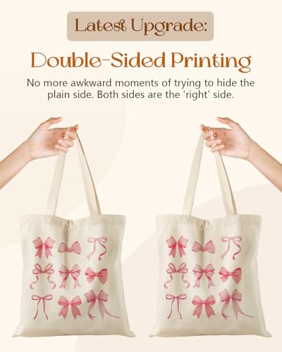 Miss Adola Canvas Tote Bag with Zipper – Cute Canvas Bags for Women Aesthetic Design Reusable Totes for Shopping Work Travel - style: Pk Bow Knot