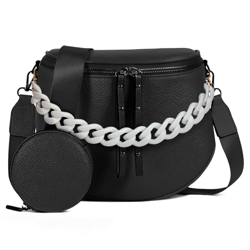 Crossbody Bags for Women, Large Vegan Leather Trendy Bum Bag - color: Black + White Chain