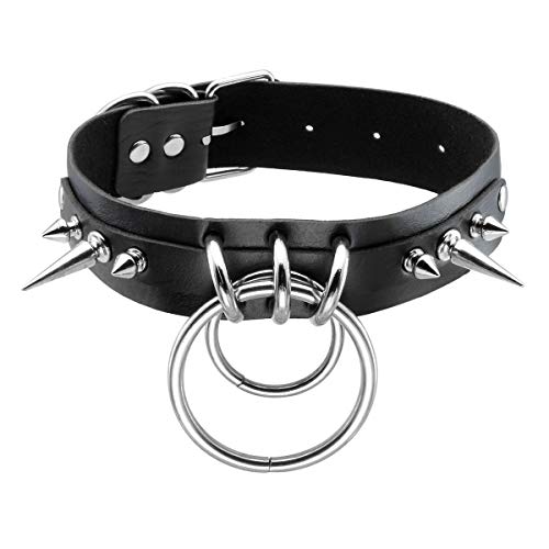 Eigso Vintage Punk Goth Studded Rivet Pu Leather Collar Choker Necklace with Spikes Adjustable - color: O-Black