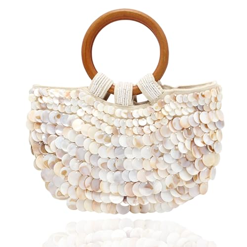 Miuco Shell Purse For Women Handmade Seashell Beaded Clutch Beach Wooden Top Handle Bag
