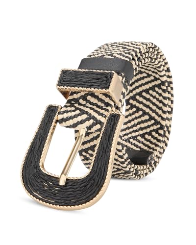 AWAYTR Womens Boho Woven Belt - Easy Care Plastic Elastic Belt with Handmade Raffia Buckle for Daily Vacation Work - color: Black With Beige Stripes, size: Fit Waist 26''-31''
