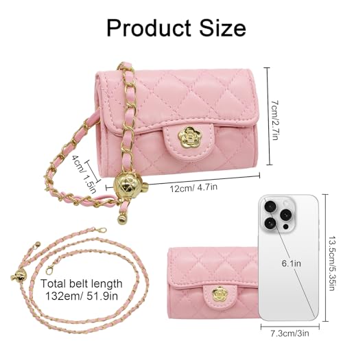 YAMEIZE Mini PU Leather Chain Belt Bag for Women Quilted Waist Purse Crossbody Fanny Pack Detachable Belt Chain - color: Pink 4.7x2.7 Inch