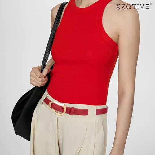XZQTIVE Leather Belts for Women Casual Fashion Waist Belt for Jeans Pants Dresses with Unique Liquid Shapes Gold Buckle - color: Red, size: Fit Waist 28-35in