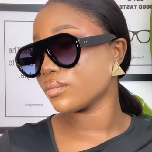 ENTHYI Pilot Sunglasses Popular Fashion Women Vintage Rivets Decoration Gradient Shades Ladies Hipster Round Sun Glasses - color: Blue Black