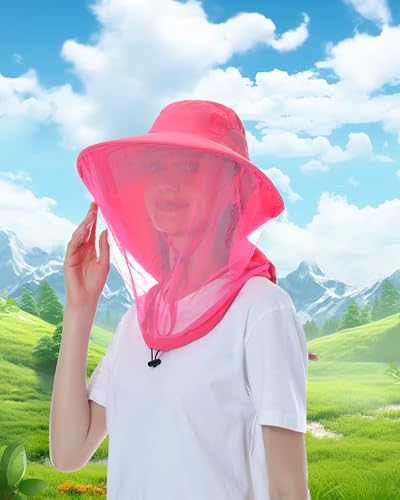 Womens Sun Hat Outdoor UV Protection Wide Brim Fishing Hat with Ponytail Hole Neck Flap for Beach Hiking Camping - color: Mosquito Net-watermelon Red