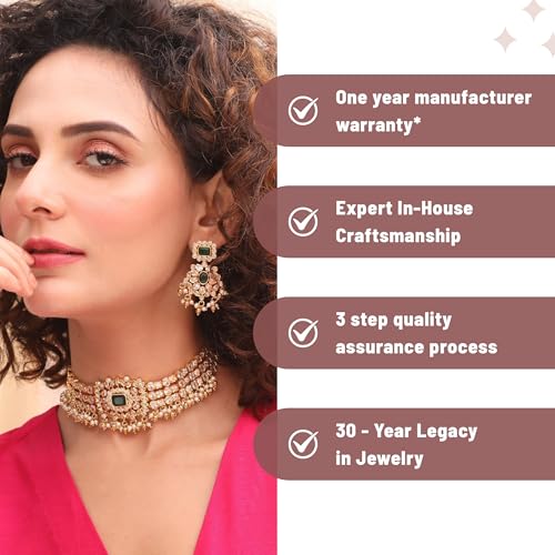 TARINIKA Brass Indian Choker Necklace Set - Gold Plated Cubic Zirconia Indian Jewelry Sets for Women Dangle, Drop, Jhumka Earrings Traditional Desi Necklace Pearls Gift for her - style: Ethnic