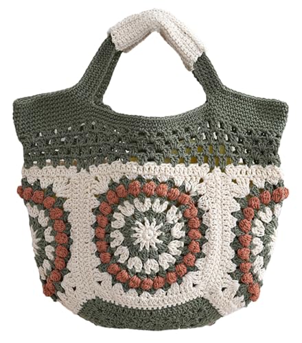 Womens Summer Boho Crochet Beach Tote Bag Handmade Woven Handbag Large Travel Vacation Shopper Straw Purse - color: Dark Green