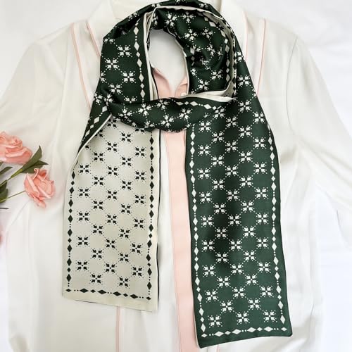 Silk Head Scarf for Hair Fashion Headwrap for Women Lightweight Neck Tie - color: P007-green & White Check