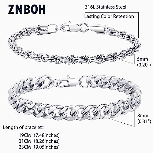 2Pcs Stainless Steel Bracelets for Men 14K Gold Plated Cuban Link Figaro Rope Silver Chain Bracelet Set Curb Width Sturdy Bracelet 7.5/8.3/9 Inches Jewelry Gifts for Dad Husband - color: D:Silver-Rope+Cuban Link, size: Display Length: 9.0 Inches