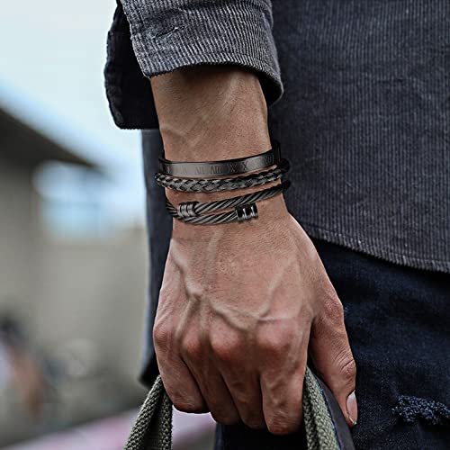 YADOCA 3 Pcs Stainless Steel Bracelets for Men Gold Silver Black Men Bracelet Adjustable Cuff Roman Numeral Bangle Bracelets Mens Luxury Bracelet Set Jewelry Gifts Trendy Gold Accessories - color: C:Black-1