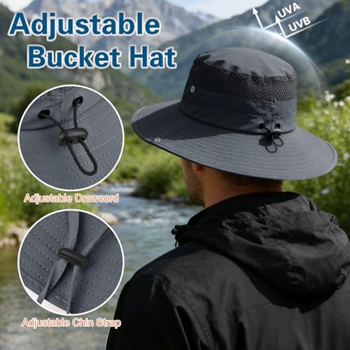 Sun Hat for Men Women UV Protection Wide Brim Fishing Hats Breathable UPF 50+ Boonie Bucket Hats Beach Safari Hiking Garden - color: Dark Grey&light Grey