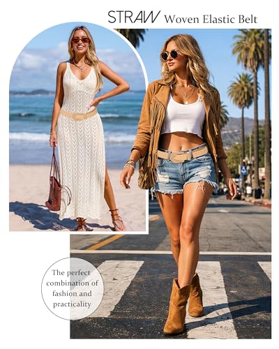 AWAYTR Womens Boho Woven Belt - Easy Care Plastic Elastic Belt with Handmade Raffia Buckle for Daily Vacation Work - color: Khaki, size: Fit Waist 36''-41''