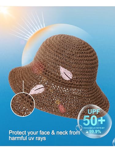 LA CARRIE Womens Sun Hat Floppy Packable Wide Brim UV Protection UPF 50+ Straw Hat with Embroidery for Summer Beach - color: Coffee