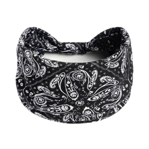 1 Pack Boho Headbands Stretch Paisley Print Bandana Headband Criss Cross Hair Bands Knotted Head Wrap Yoga Daily for Women and Girls (Black Ornate) - color: Black Ornate