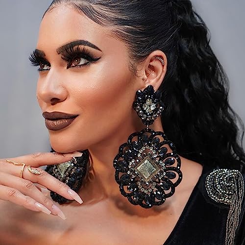 Large Black Rhinestone Earrings for Women Prom Chandelier Drop Statement Earrings Costume Jewelry - color: Black2