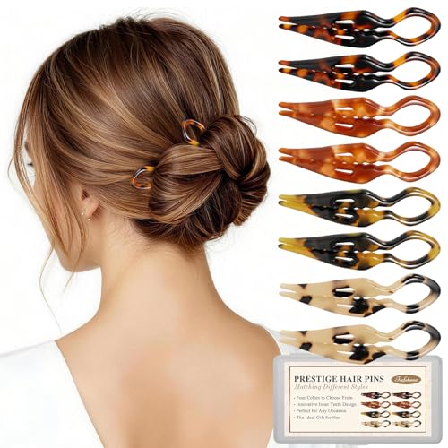 8Pack Prestige Hair Pins for Women, 2.75” Small French Hair Pin for Updos Chignons & Buns, Curved Shape for Better Head Fit Hair Accessories, Serrated Anti-Slip Design, Styling for All Hair Types - color: Tortoise Shell-B